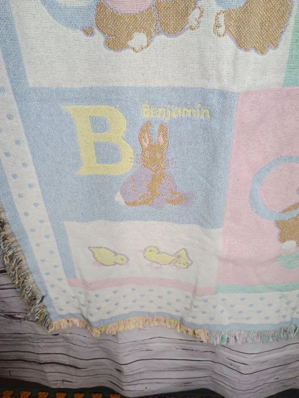 Beatrix Potter Quiltex Alphabet Baby Blanket Pastel Colors Fringe Edge 100% Cott